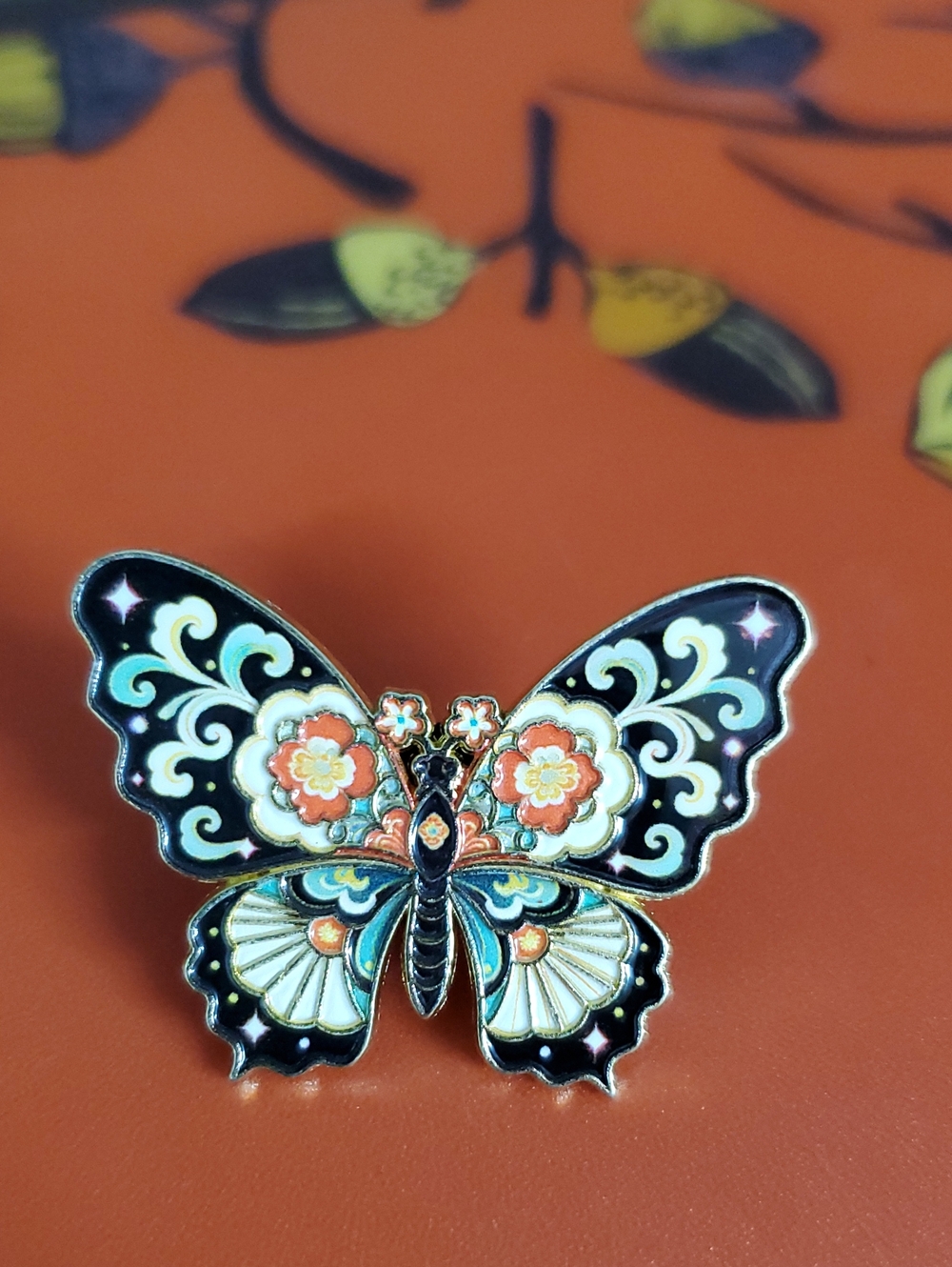 Enamel Floral Butterfly Pin - Black, Coral & Cream
